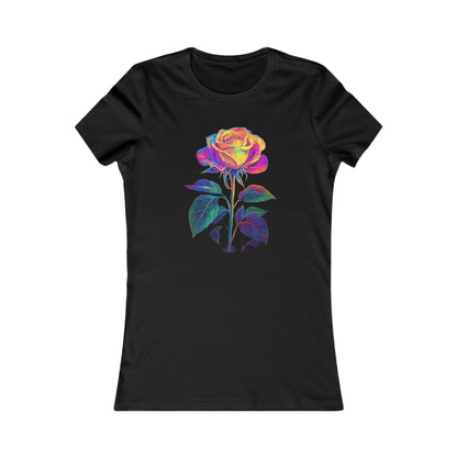 Rose Reverie Sexy Women's Graphic Cotton Funny T-Shirt Tee featuring a vibrant, stylised rose design in a rich mosaic of colours on a black background, ideal for playful and whimsical fashion.