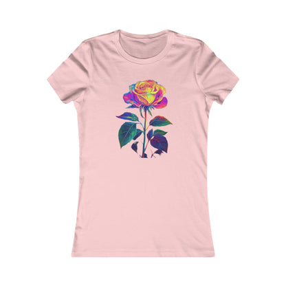 Rose Reverie Sexy Women's Graphic Cotton Funny T Shirt Tee featuring a vibrant rainbow rose design on a stylish pink tee, perfect for playful fashion enthusiasts.