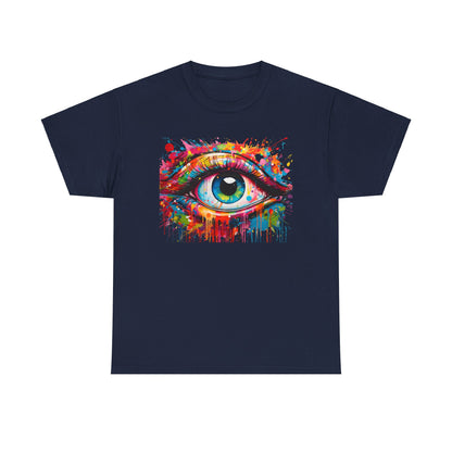 Visionary Drip Luxe T-Shirt featuring an artistic eye design in vibrant colours, set against a navy background, perfect for art enthusiasts.
