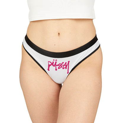 Luxurious women's thong panties featuring a striking 'Pussy' graphic design, perfect for confident self-expression. Crafted from ultra-soft fabric with a flattering cut, these statement thongs are designed for both comfort and style.