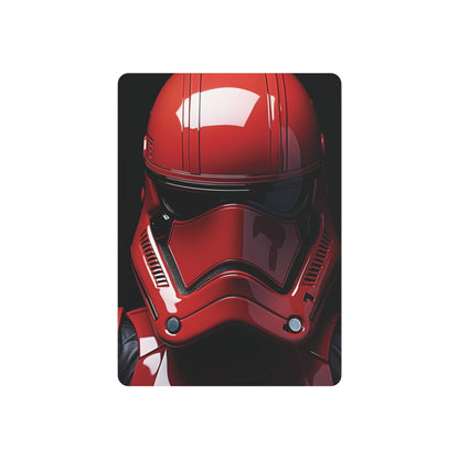 Luxury Crimson Stormtrooper Metal Art Poster featuring a striking close-up of the elite red helmet, perfect for sophisticated Star Wars decor.