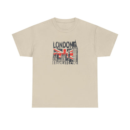 Distressed beige men's T-shirt showcasing a vintage graphic of London's Big Ben along with the Union Jack, encapsulating a blend of historical charm and modern sophistication.