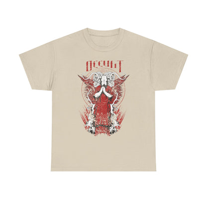 Chic beige graphic t-shirt displaying an enigmatic occult graphic with a prominent figure in a crimson attire, surrounded by intricate dark symbols and designs.