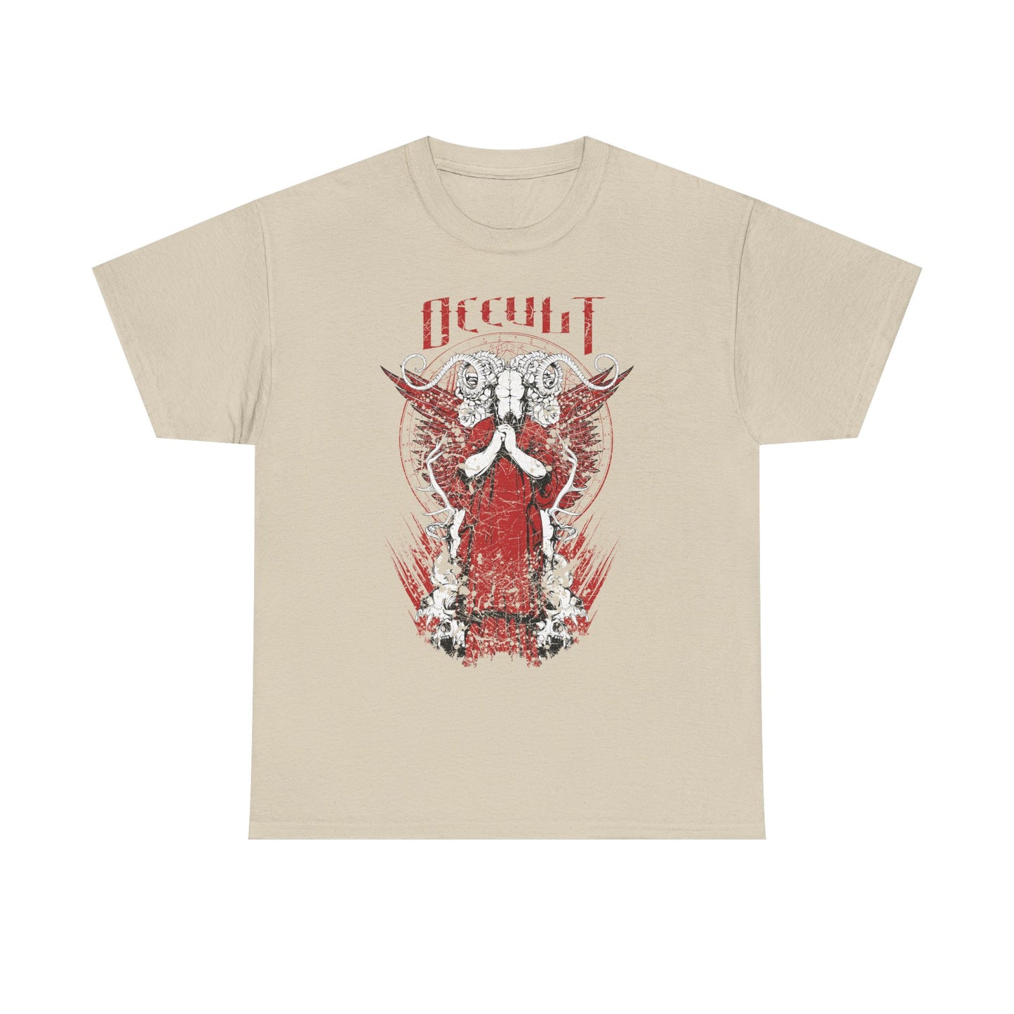 Chic beige graphic tee adorned with a captivating occult design featuring a regal figure in a red robe and ornate horn motifs, exuding an air of mystery and elegance.
