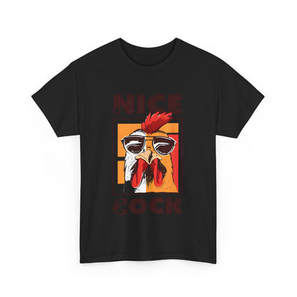 Unisex Nice Cock Graphic Tee featuring a vibrant cartoon chicken in sunglasses, crafted from soft cotton for comfort and style.