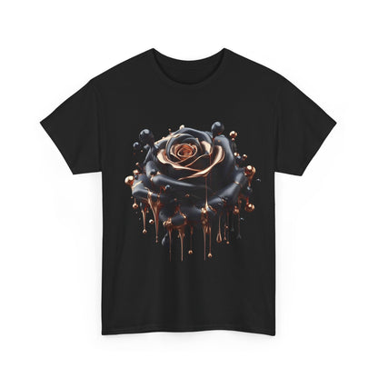 Dramatic Close-Up Abstract Rose Unisex Cotton Tee Graphic T Shirt displayed in a classic black shade, featuring a stunning black rose design with flowing copper elements.