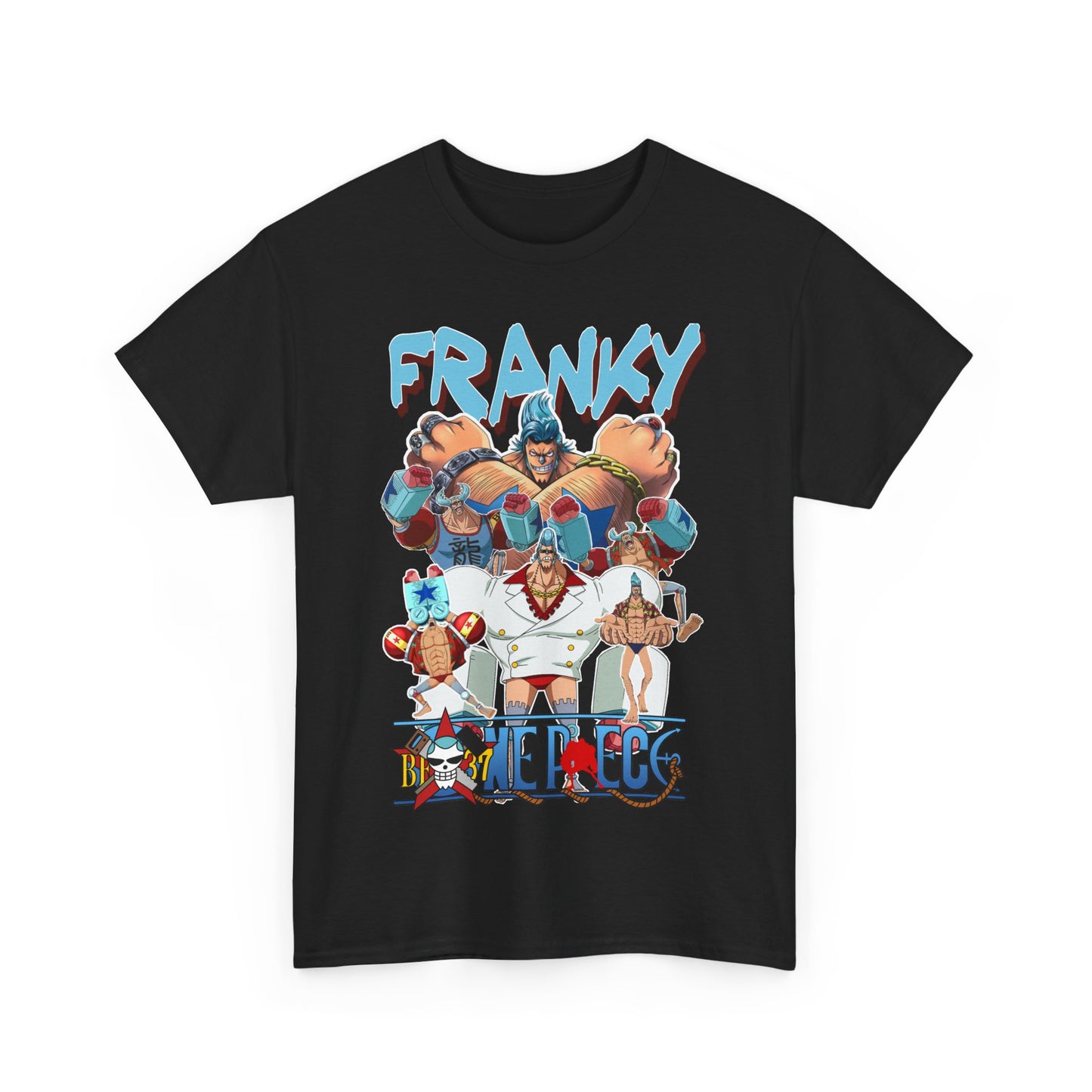 Refined black t-shirt showcasing a striking 'One Piece' Franky illustration, delivering bold colours and dynamic design, perfect for anime collectors looking to elevate their wardrobe.