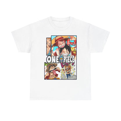 Luxurious white One Piece manga-inspired men's t-shirt featuring a vibrant collage of iconic characters, perfect for anime enthusiasts.