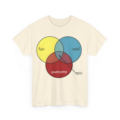 Front view of the Epic Pie Chart Graphic Tee in a sandy colour, featuring a playful graphic of circles labelled 'fun', 'cool', 'awesome', and 'epic'.