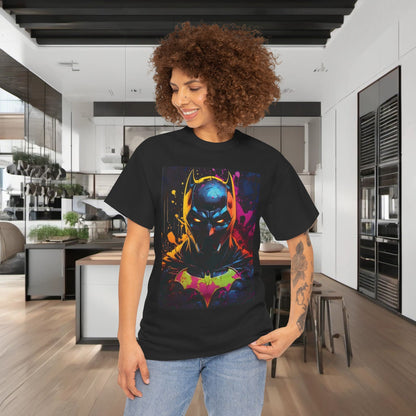 Model wearing the Batman Dynamic Illumination Graphic T-Shirt in a chic kitchen setting, featuring a striking Batman illustration radiating bold colours, embodying contemporary luxury and pop culture flair.