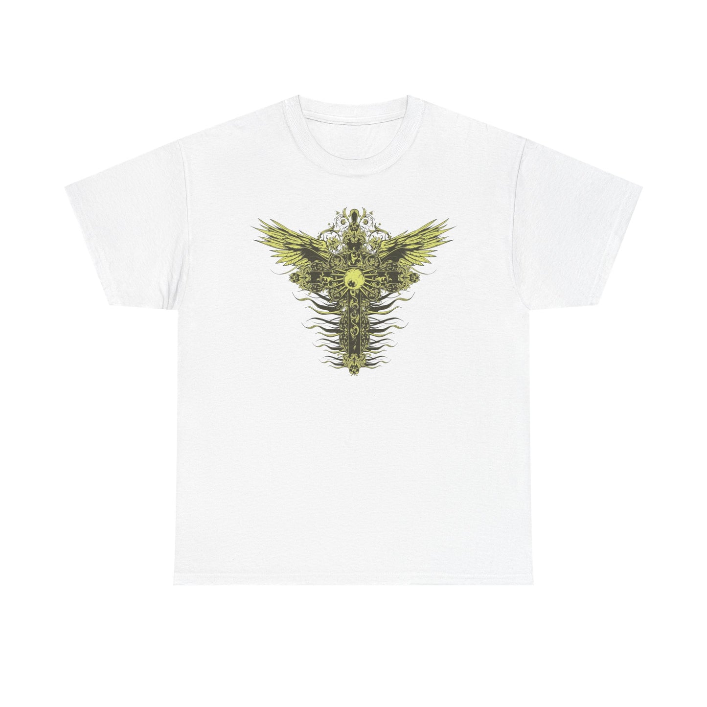 Stylish white men's t-shirt featuring a luxurious graphic design of ornate cross and stylized wings in yellow-gold accents.