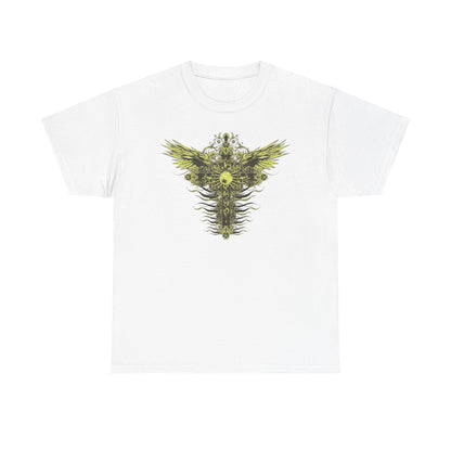 Stylish white men's t-shirt featuring a luxurious graphic design of ornate cross and stylized wings in yellow-gold accents.