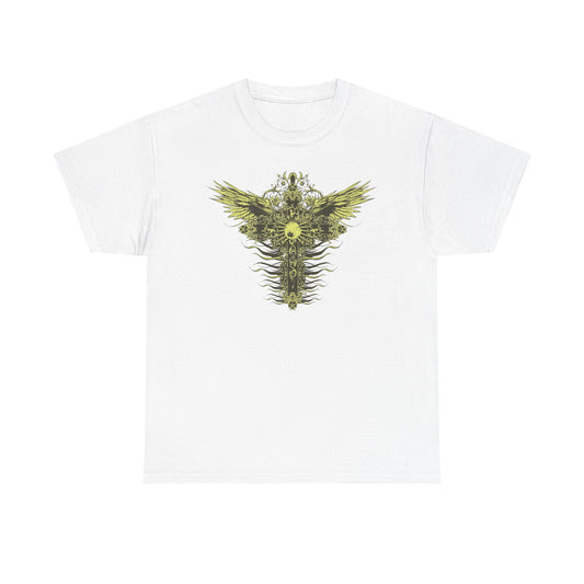 Luxury men's t-shirt featuring an intricate graphic design of a celestial cross with stylized wings, printed on a pristine white fabric, showcasing exquisite artistry.