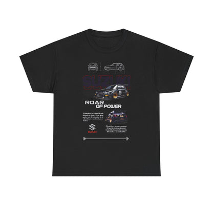 Elegant black Suzuki Forza men's t-shirt adorned with a striking graphic, displaying the phrase 'ROAR OF POWER' alongside a detailed image of a Suzuki vehicle and technical sketches, ideal for automotive aficionados.
