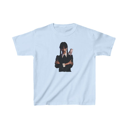 Childs Wednesday with Thing Unisex Graphic Tee Shirt Kids in light blue featuring a captivating design of Wednesday Addams with Thing, perfect for stylish young fans.