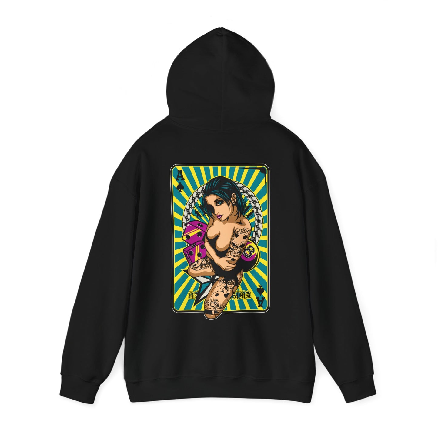 Luxurious black hoodie showcasing vibrant back print featuring a bold tattooed woman surrounded by playing cards and dynamic turquoise and yellow stripes.