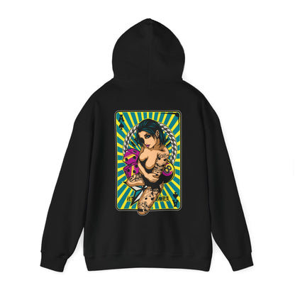 Luxurious black hoodie showcasing vibrant back print featuring a bold tattooed woman surrounded by playing cards and dynamic turquoise and yellow stripes.