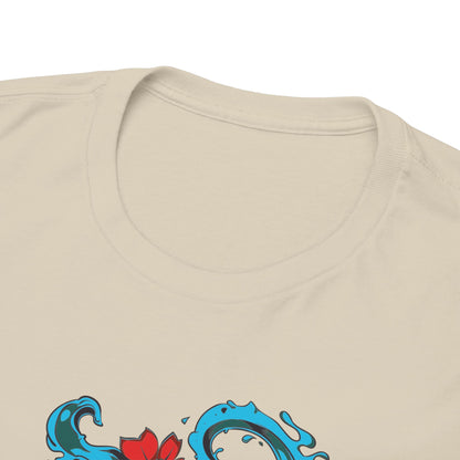 Close-up view of a high-quality men's t-shirt collar, featuring a beautiful artistic design with waves and flowers, embodying luxury and flair.