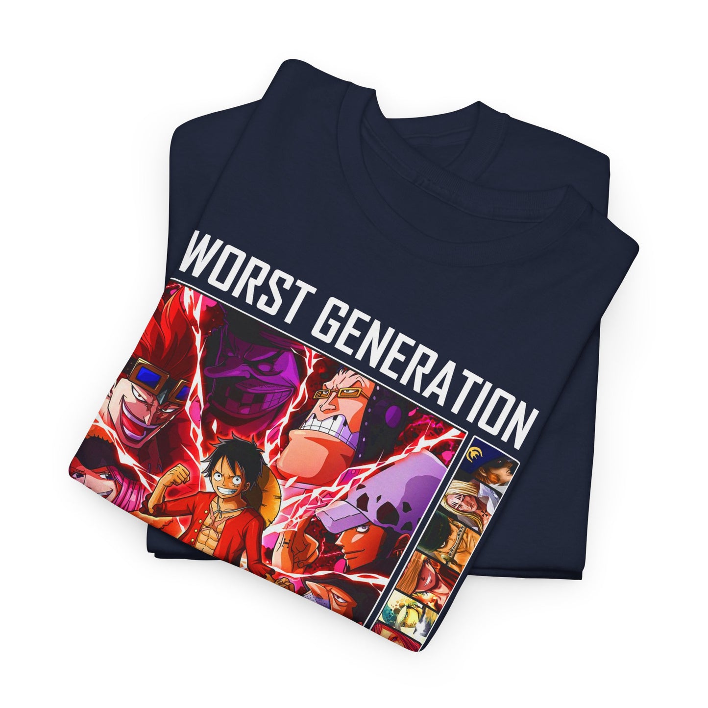Premium folded navy blue T-shirts showcasing the bold 'Worst Generation' artwork, perfect for collectors and fans of high-quality anime apparel.