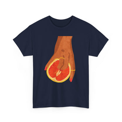 Vibrant Grapefruit Women's Graphic T-Shirt in deep navy, illustrating a stylish hand holding a bright grapefruit slice, ideal for those seeking to express their individuality with luxury fashion.