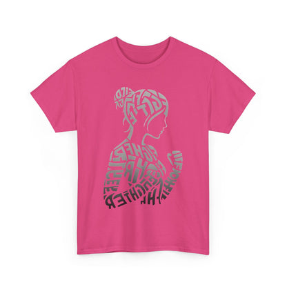 Front view of the Fighter Girl Graphic Unisex T-Shirt in pink, intricately designed with artistic typography that embodies strength and elegance.