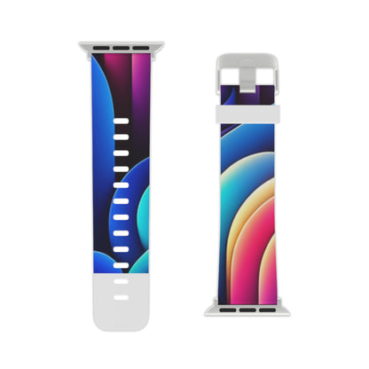 Vibrant Neon DesignVista Castle Apple Watch Band showcasing bold abstract art by Dazzling Dreams Studio, featuring a kaleidoscope of striking blues and radiant pinks.