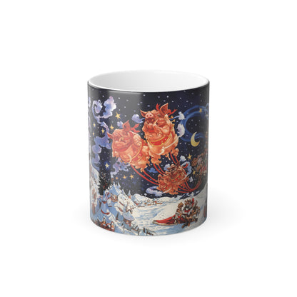 Discworld Hogfather Color Morphing Mug displayed, featuring a whimsical design with Hogfather characters against a starry night sky. Perfect for fans of Terry Pratchett.