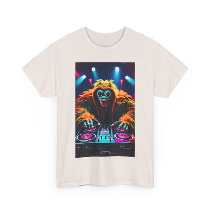 Front view of the Street Monster Graphic T-Shirt showcasing a creative DJ graphic on a light grey background, ideal for those looking to blend comfort with urban sophistication.