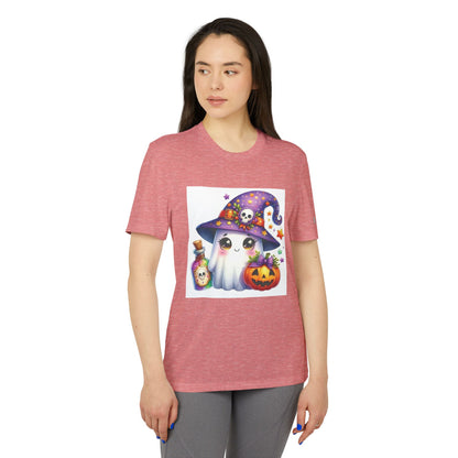 Adidas Unisex Halloween Party Ghost Cute T-shirt in dusky rose featuring an adorable ghost design with a witch hat, perfect for festive gatherings.