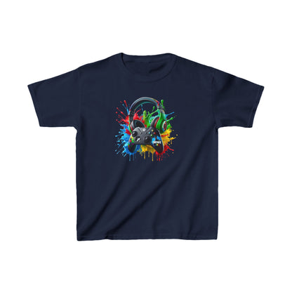 Unisex Children's Gaming Graphic Cotton Tee featuring an eye-catching gaming controller and headphones graphic, ideal for young gamers. Available in navy blue.