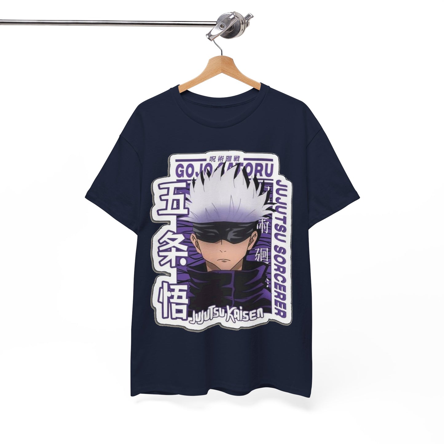 Gojo Satoru T-shirt hung on a minimalistic wooden hanger, emphasising its exquisite print and contemporary style, perfect for casual yet fashionable wear.