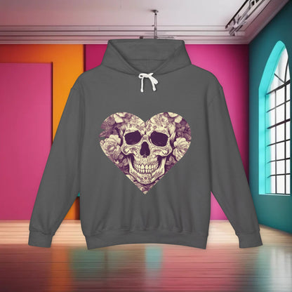 Luxurious Unisex Lightweight Hooded Sweatshirt featuring a detailed skull and roses design, showcased by a model against a contemporary backdrop.