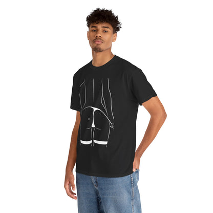 Man wearing a sophisticated black T-shirt with a bold white line drawing, artfully showcasing a playful yet elegant design that captivates attention.