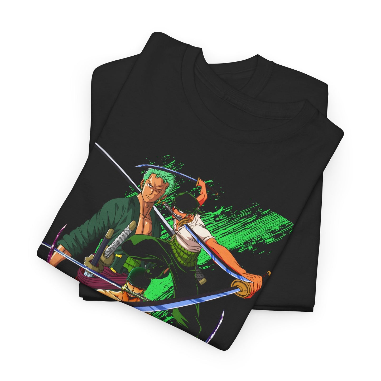 Luxury men's black t-shirt featuring a vibrant graphic design of iconic anime characters, showcasing a fusion of style and pop culture.