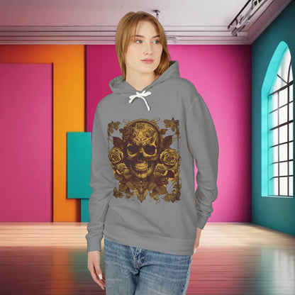 A model wearing the grey Unisex Lightweight Hooded Sweatshirt with a unique designer skull and roses motif, captured in a stylish interior setting.