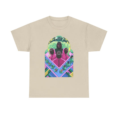 Stylish beige unisex graphic tee featuring a colourful design inspired by a popular survival game, showcasing iconic characters in vibrant hues.
