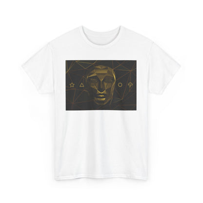 Squid Game Unisex Men's Women's Graphic Cotton Funny T Shirt Tee showcasing a sophisticated geometric face print on a clean white background.