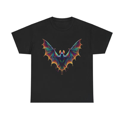 Radiant Evolution Bat Tee in black, featuring an intricate graphic of a vibrant, stylized bat with rainbow colours against a luxurious black backdrop.