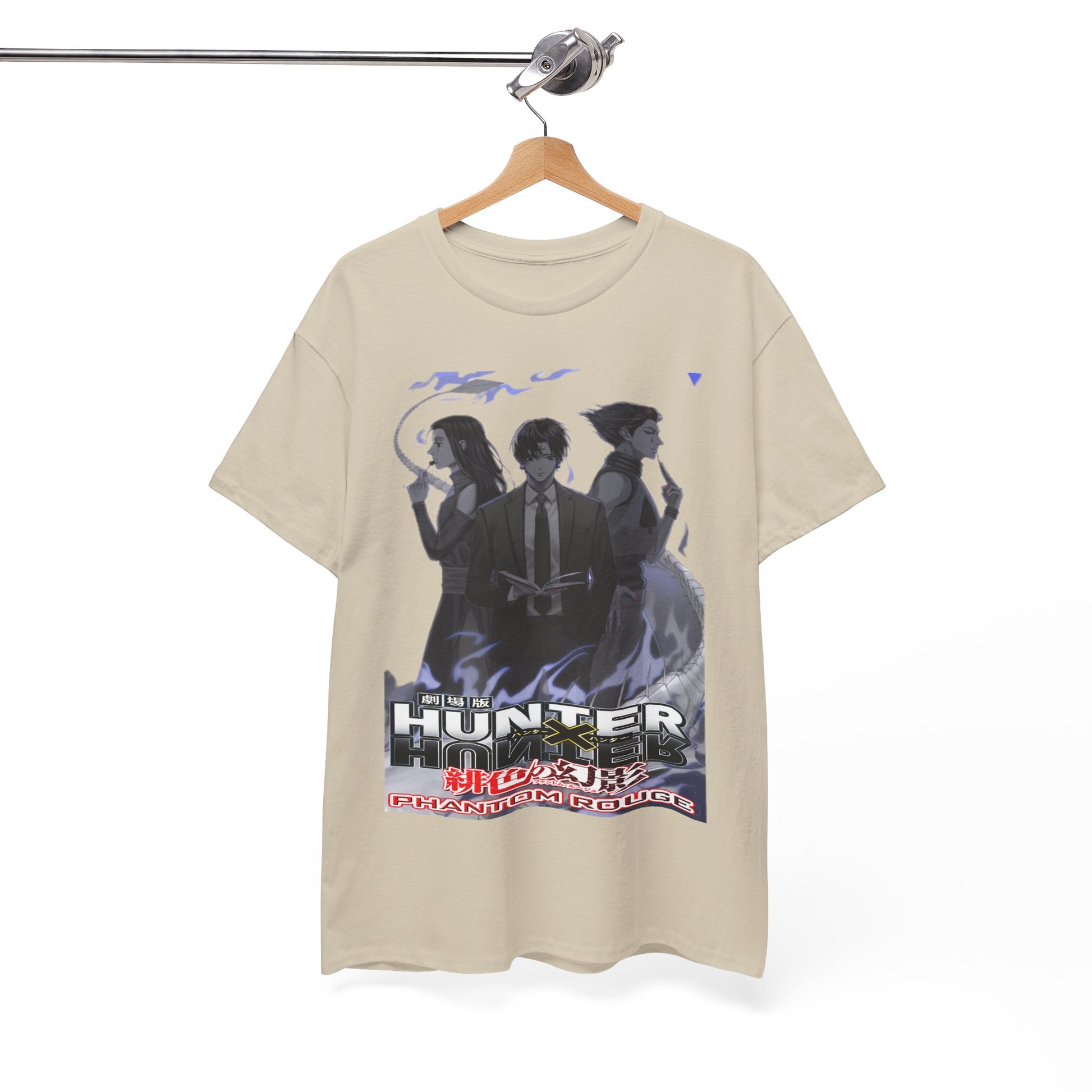 Chic Hunter x Hunter T-shirt displayed on a hanger, featuring vibrant imagery of beloved characters, a must-have for any discerning anime collector.