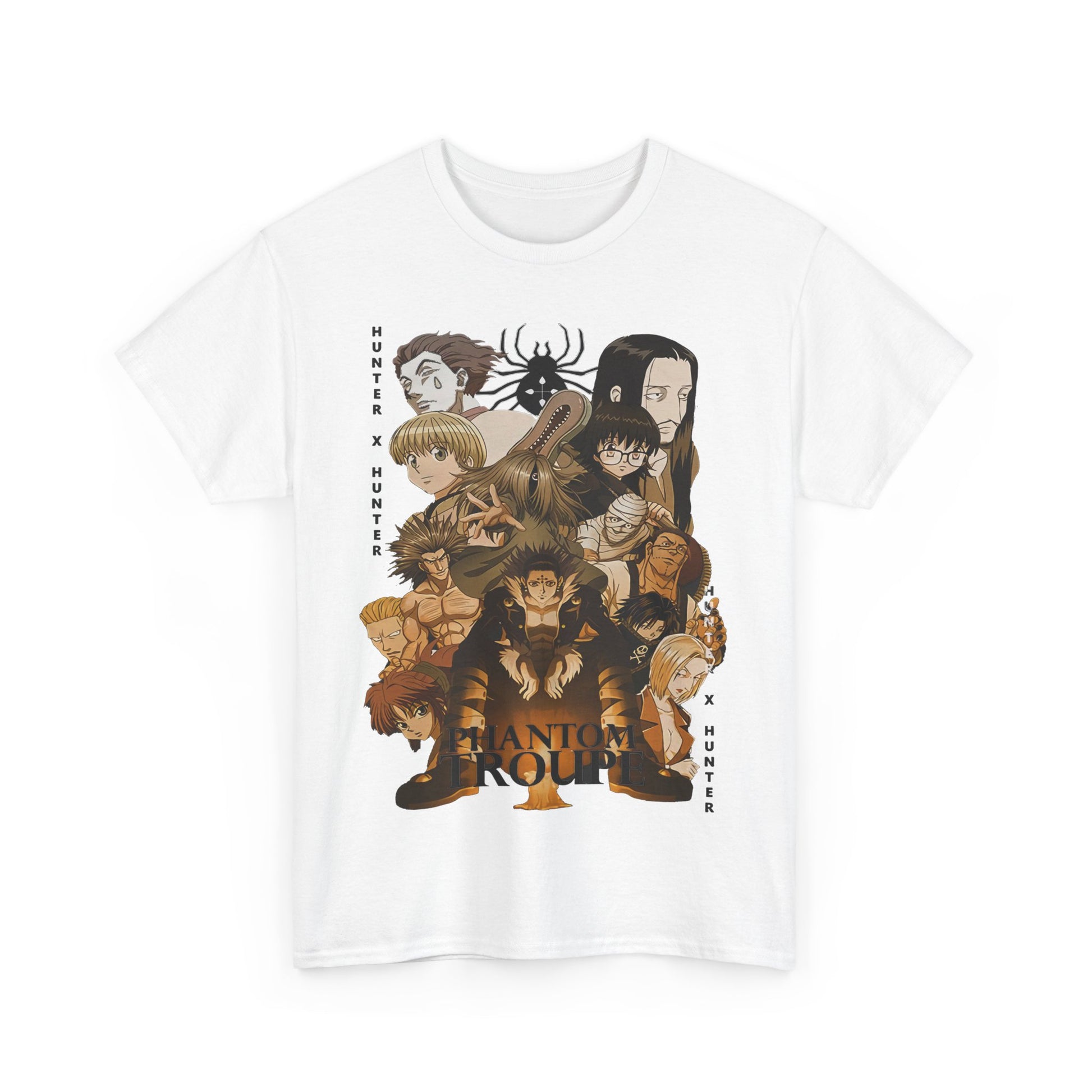 Front view of a sophisticated white Phantom Troupe graphic t-shirt showcasing iconic characters from Hunter x Hunter, designed for discerning anime lovers.
