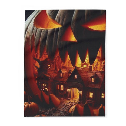 Luxurious Decorative and Warm Halloween Spooky Arctic Fleece Blanket featuring a hauntingly beautiful pumpkin scene, perfect for adding seasonal charm to your home.