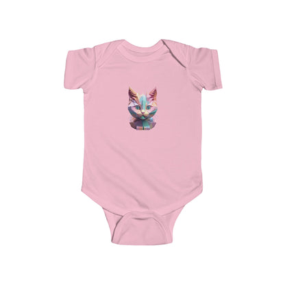 Stylish Kitten Bodysuit in pastel pink, adorned with a charming kitten design, excellent baby attire for playful adventures.