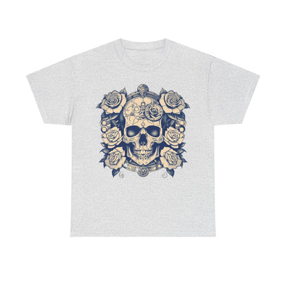 Front view of the Skulls and Roses Cotton Tee featuring a detailed skull and rose design, a luxurious unisex graphic shirt available in vibrant colours.
