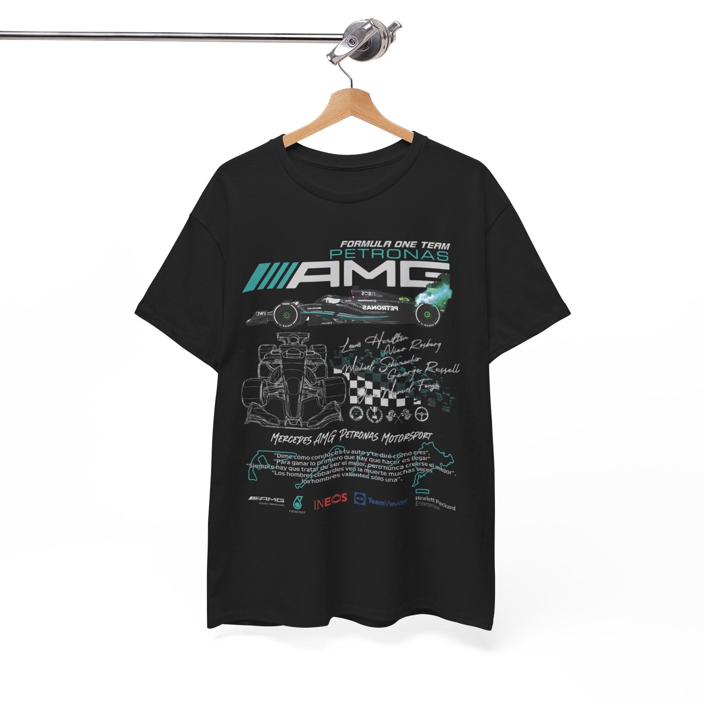 Elegant black F1 Petronas AMG Mercedes T-shirt hanging, featuring iconic race car designs and names of legendary drivers, including a stylish checkered flag graphic.