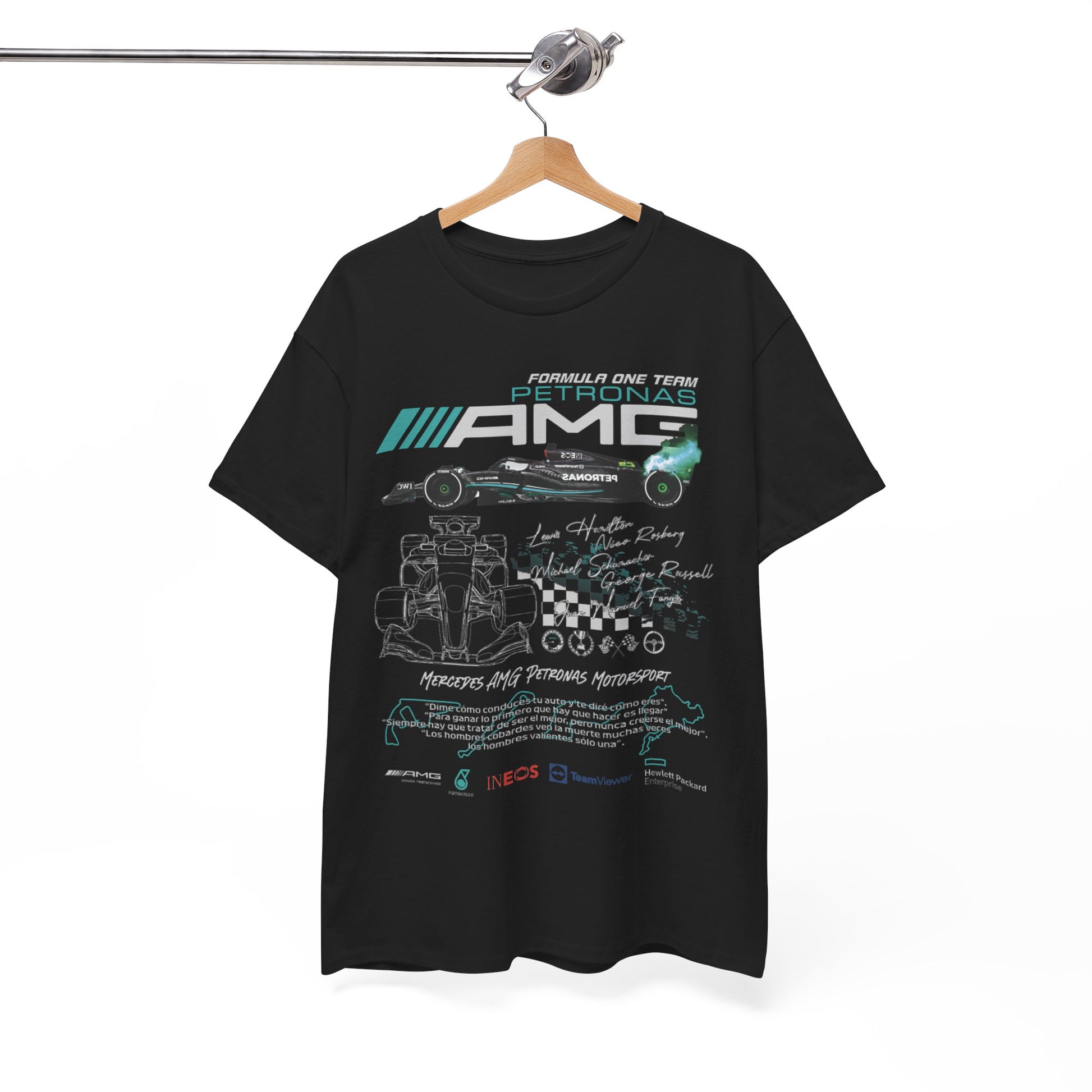 Elegant black F1 Petronas AMG Mercedes T-shirt hanging, featuring iconic race car designs and names of legendary drivers, including a stylish checkered flag graphic.