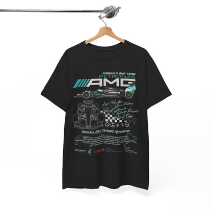 Elegant black F1 Petronas AMG Mercedes T-shirt hanging, featuring iconic race car designs and names of legendary drivers, including a stylish checkered flag graphic.