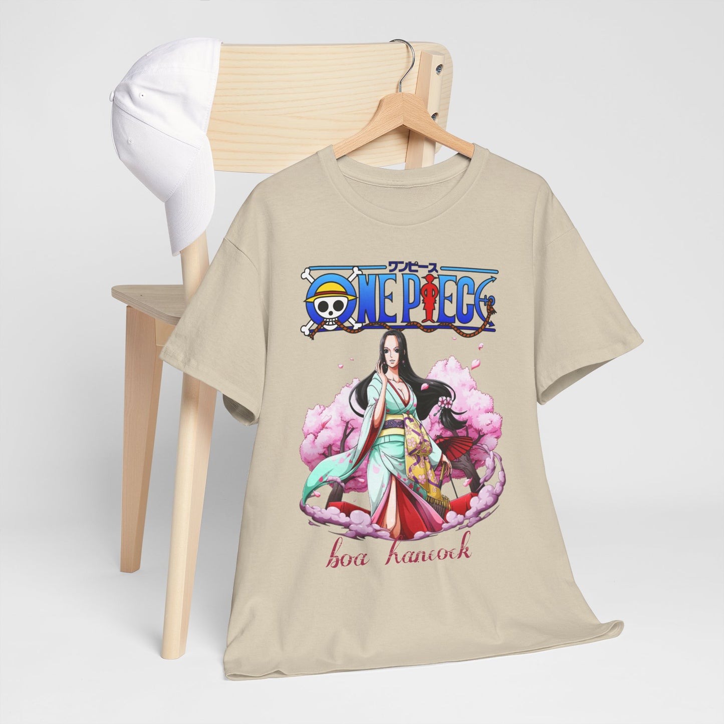Stylish beige t-shirt featuring Boa Hancock from One Piece, artistically presented with cherry blossom motifs, embodying a blend of elegance and anime culture.