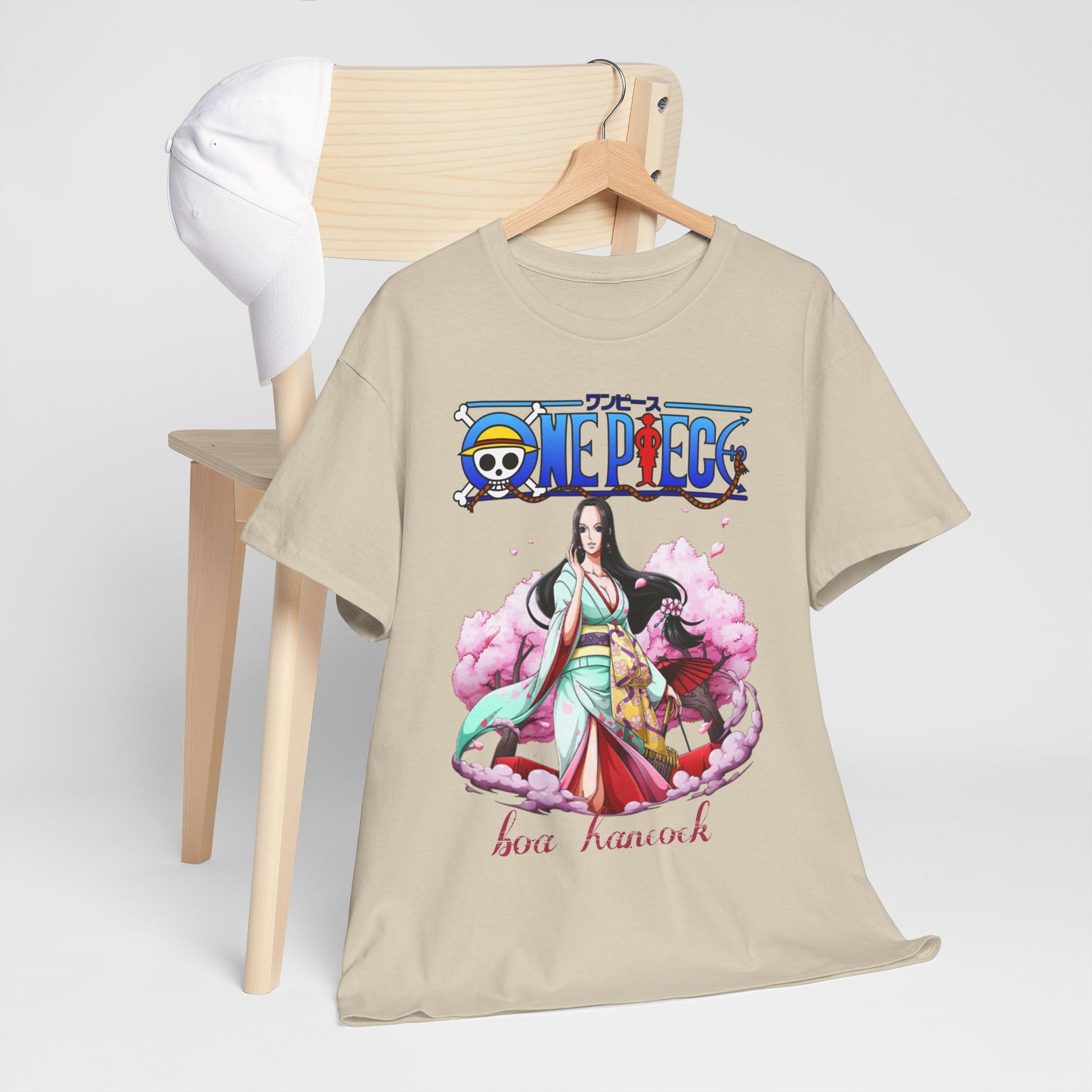 Stylish beige t-shirt featuring Boa Hancock from One Piece, artistically presented with cherry blossom motifs, embodying a blend of elegance and anime culture.