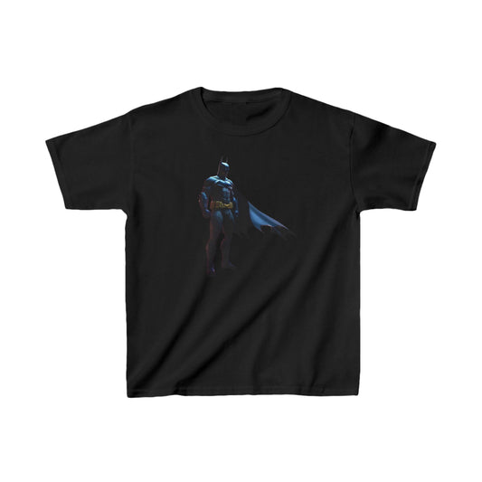 Kids Batman Heavy Cotton T-Shirt in black showcasing a captivating Batman design, ideal for stylish superhero adventures with 16 vibrant colour options.