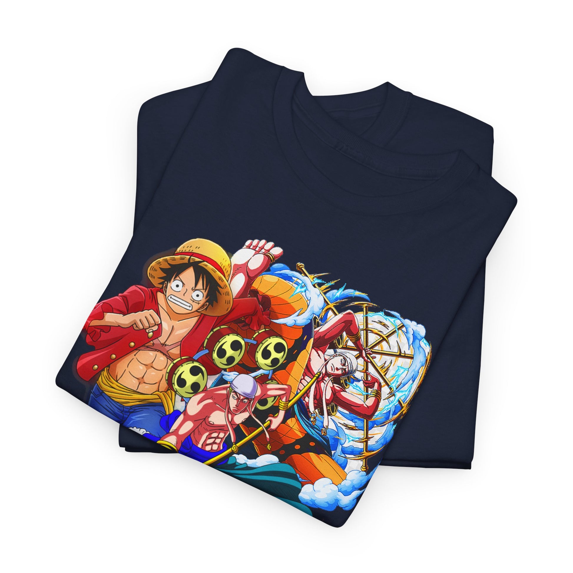 Folded navy men's t-shirts featuring eye-catching anime graphics, showcasing unique characters, perfect for stylish layering.